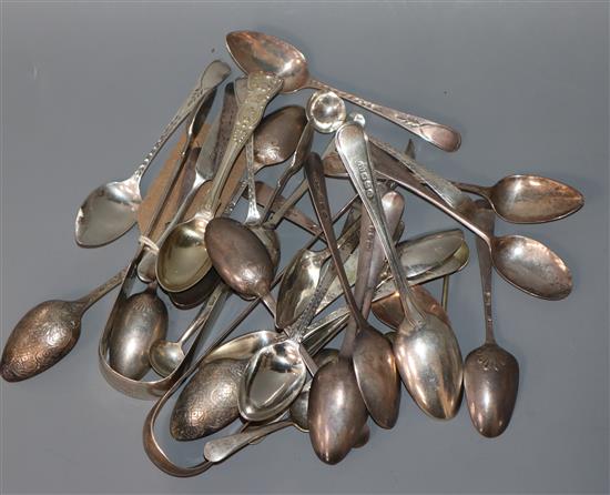 A small group of silver and plated small spoons and two pairs of sugar tongs including Victorian silver.